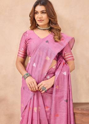 Pink linen festive saree with unstitched blouse piece 6
