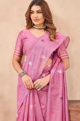 Pink linen festive saree with unstitched blouse piece
