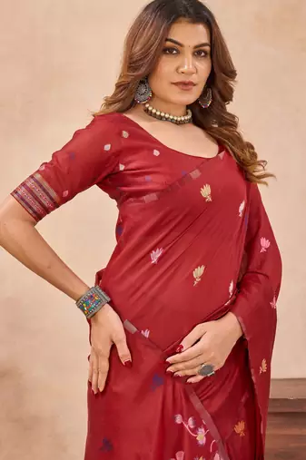 Red linen festive saree with unstitched blouse piece