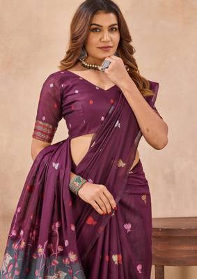 Wine linen festive saree with unstitched blouse piece 6