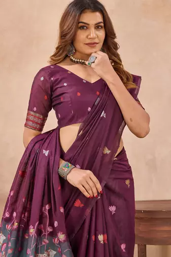 Wine linen festive saree with unstitched blouse piece
