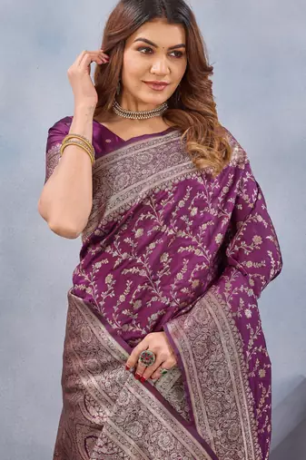 Wine silk blend banarasi saree with unstitched blouse piece