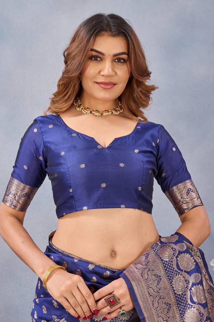 Blue silk blend banarasi saree with unstitched blouse piece
