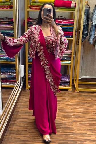 New Super Trending Embroidery cording work ready to wear saree with full koti Set For Women's
