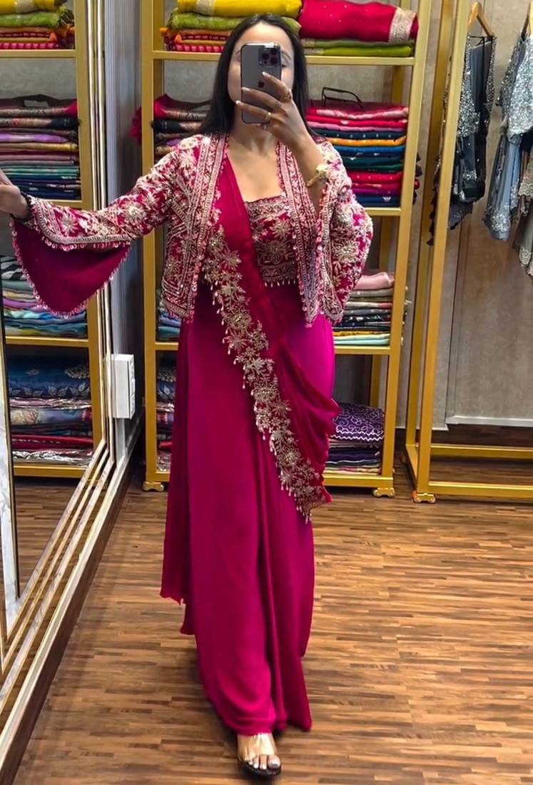 New Super Trending Embroidery cording work ready to wear saree with full koti Set For Women's