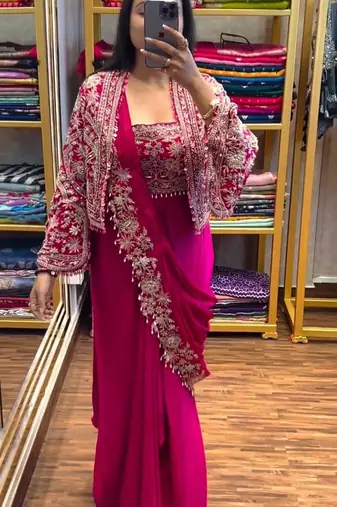 New Super Trending Embroidery cording work ready to wear saree with full koti Set For Women's