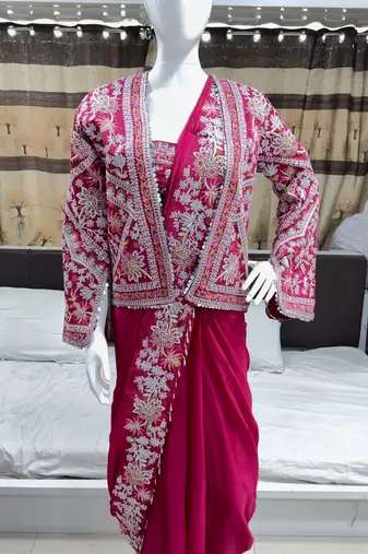 New Super Trending Embroidery cording work ready to wear saree with full koti Set For Women's