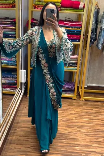New Super Trending Embroidery cording work ready to wear saree with full koti Set For Women's