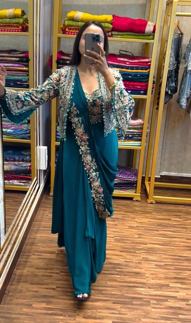 New Super Trending Embroidery cording work ready to wear saree with full koti Set For Women's