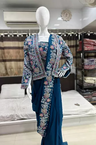 New Super Trending Embroidery cording work ready to wear saree with full koti Set For Women's