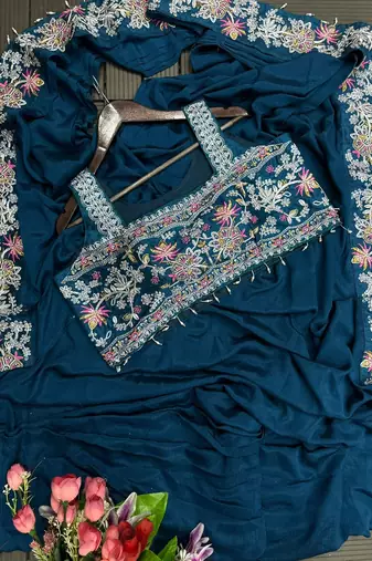 New Super Trending Embroidery cording work ready to wear saree with full koti Set For Women's