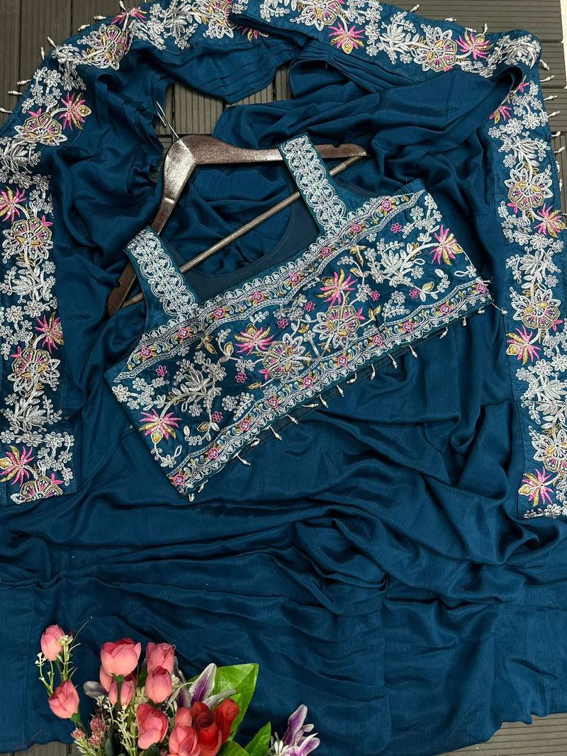 New Super Trending Embroidery cording work ready to wear saree with full koti Set For Women's