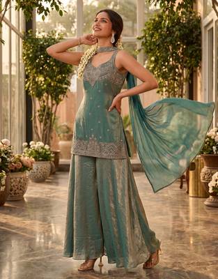  tora silk handwork palazzo set with choker style cape dupatta 1