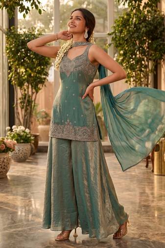 Premium tora silk handwork palazzo set with choker style cape dupatta