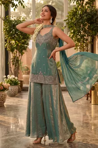 Premium tora silk handwork palazzo set with choker style cape dupatta