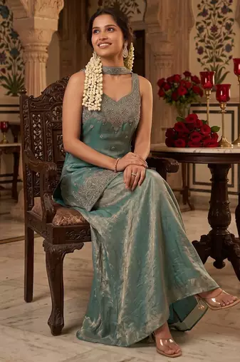 Premium tora silk handwork palazzo set with choker style cape dupatta