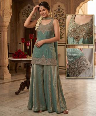  tora silk handwork palazzo set with choker style cape dupatta 3