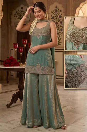Premium tora silk handwork palazzo set with choker style cape dupatta