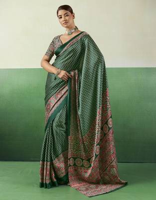 GREEN modal satin printed saree with matching blouse 1