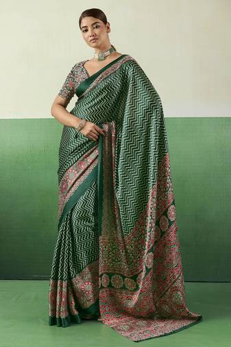 GREEN modal satin printed saree with matching blouse