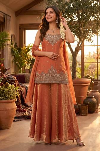 Premium tora silk handwork palazzo set with choker style cape dupatta