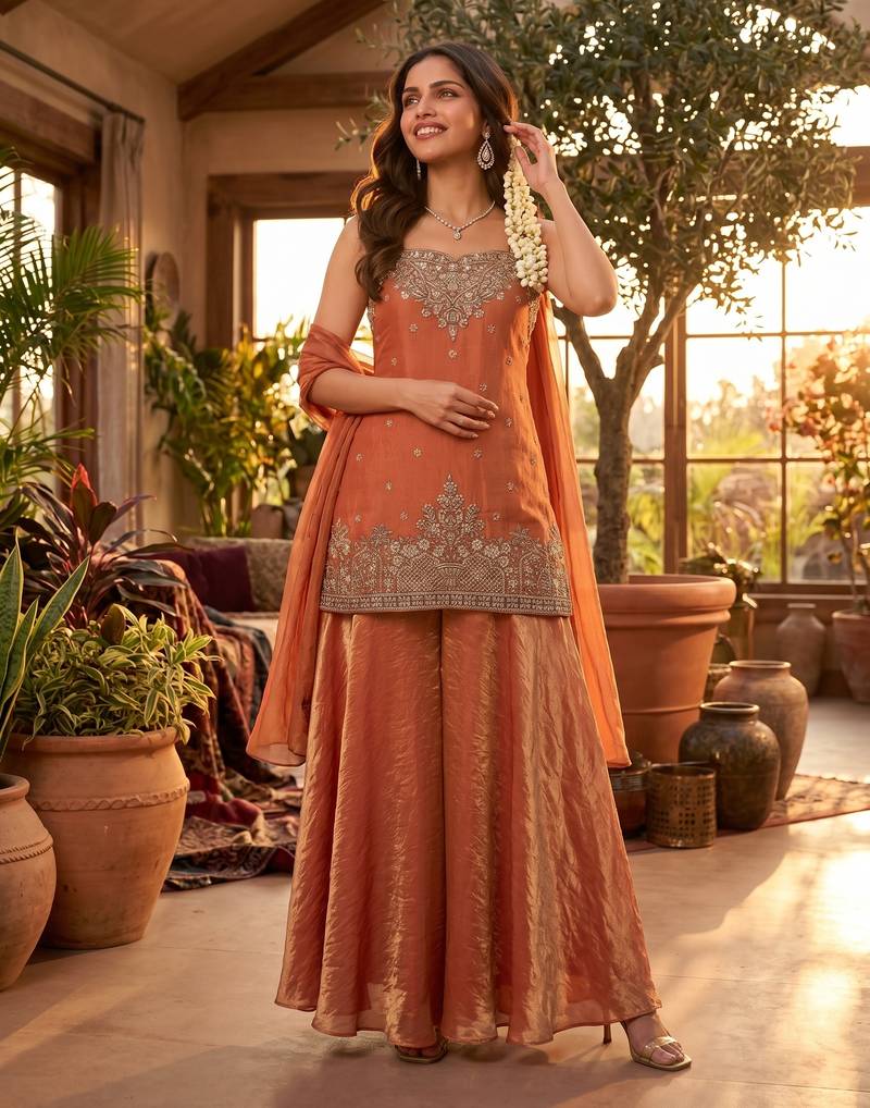 Premium tora silk handwork palazzo set with choker style cape dupatta