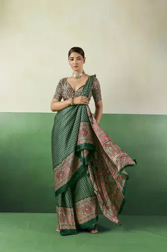 GREEN modal satin printed saree with matching blouse