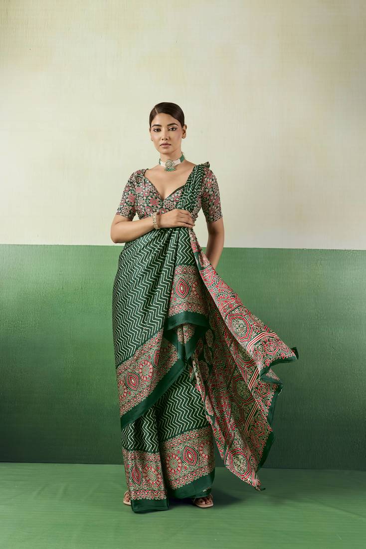 GREEN modal satin printed saree with matching blouse