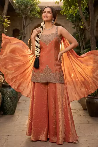Premium tora silk handwork palazzo set with choker style cape dupatta