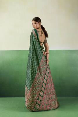 GREEN modal satin printed saree with matching blouse 3