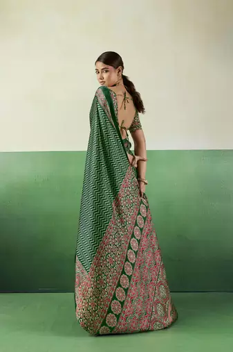 GREEN modal satin printed saree with matching blouse