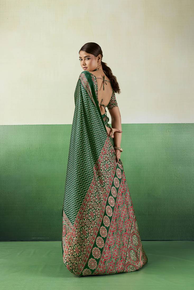 GREEN modal satin printed saree with matching blouse