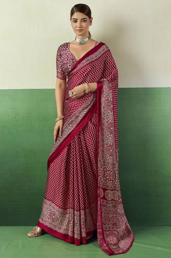 RED modal satin printed saree with matching blouse