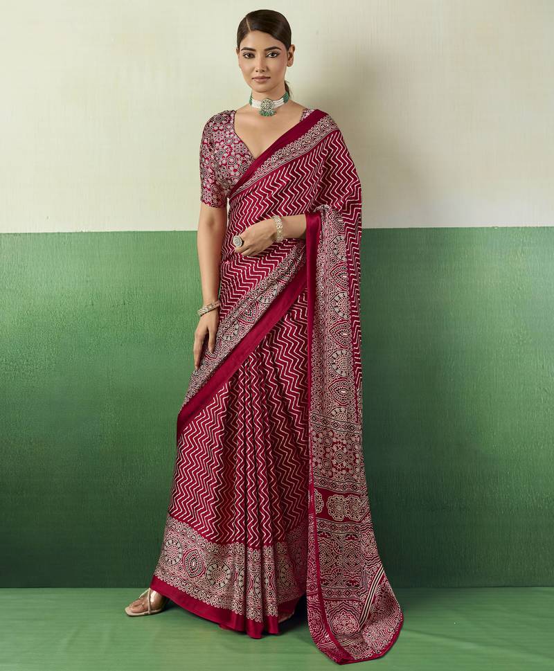 RED modal satin printed saree with matching blouse