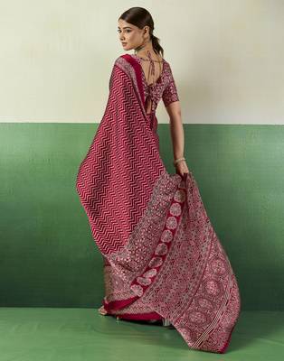 RED modal satin printed saree with matching blouse 2