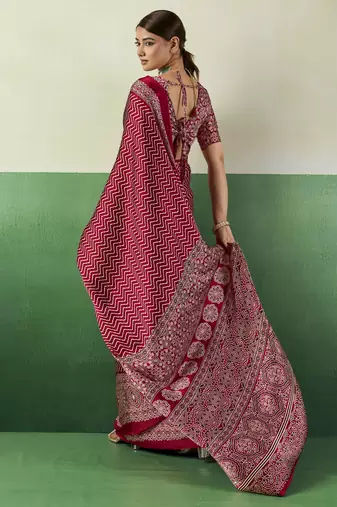RED modal satin printed saree with matching blouse