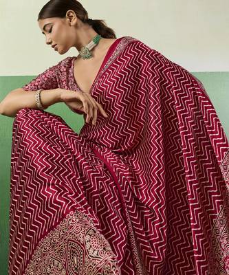 RED modal satin printed saree with matching blouse 3
