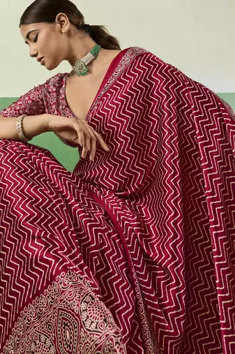 RED modal satin printed saree with matching blouse