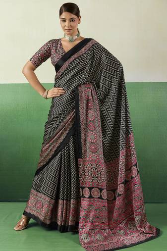 BLACK modal satin printed saree with matching blouse