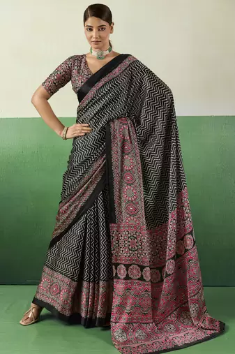 BLACK modal satin printed saree with matching blouse