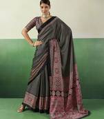 BLACK modal satin printed saree with matching blouse
