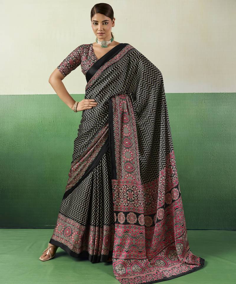 BLACK modal satin printed saree with matching blouse