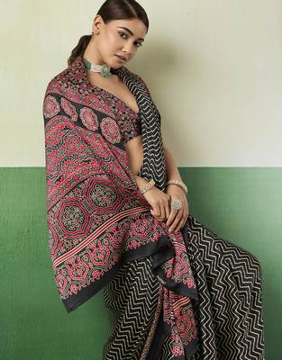BLACK modal satin printed saree with matching blouse 2