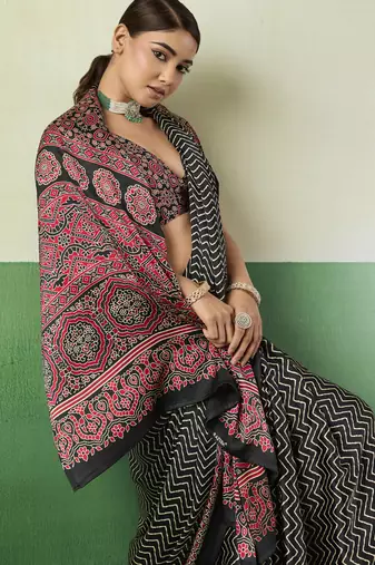 BLACK modal satin printed saree with matching blouse