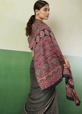 BLACK modal satin printed saree with matching blouse 3