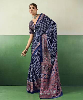BLUE modal satin printed saree with matching blouse 1
