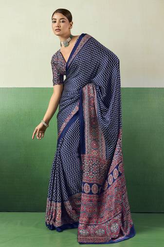 BLUE modal satin printed saree with matching blouse