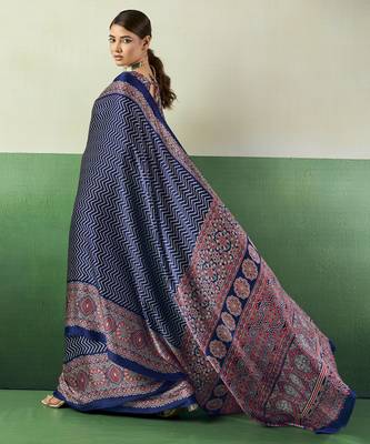 BLUE modal satin printed saree with matching blouse 2