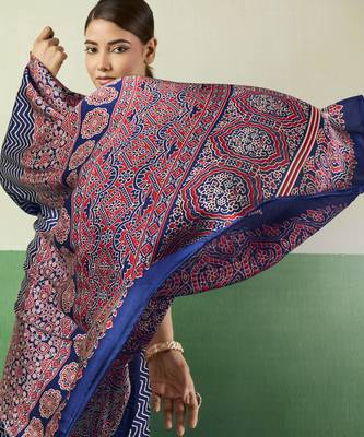 BLUE modal satin printed saree with matching blouse 3