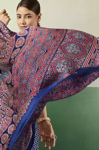 BLUE modal satin printed saree with matching blouse